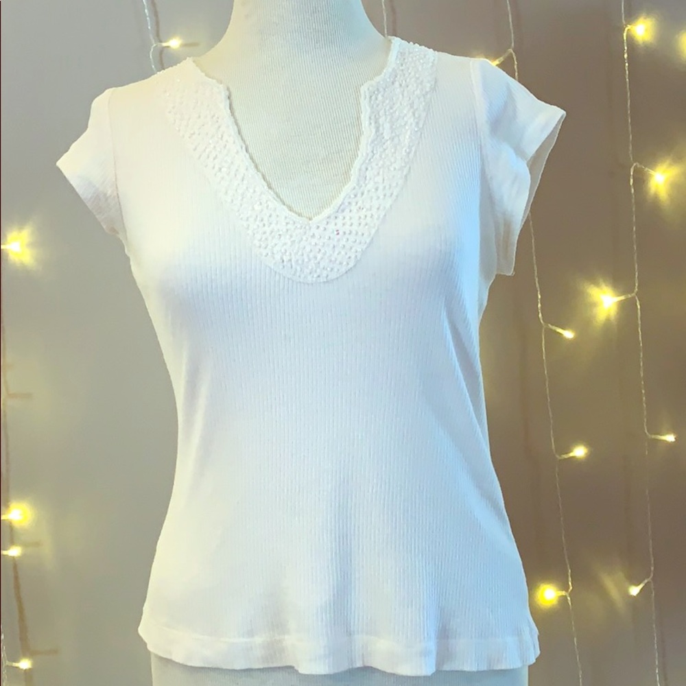 Cream ribbed top with beaded neckline